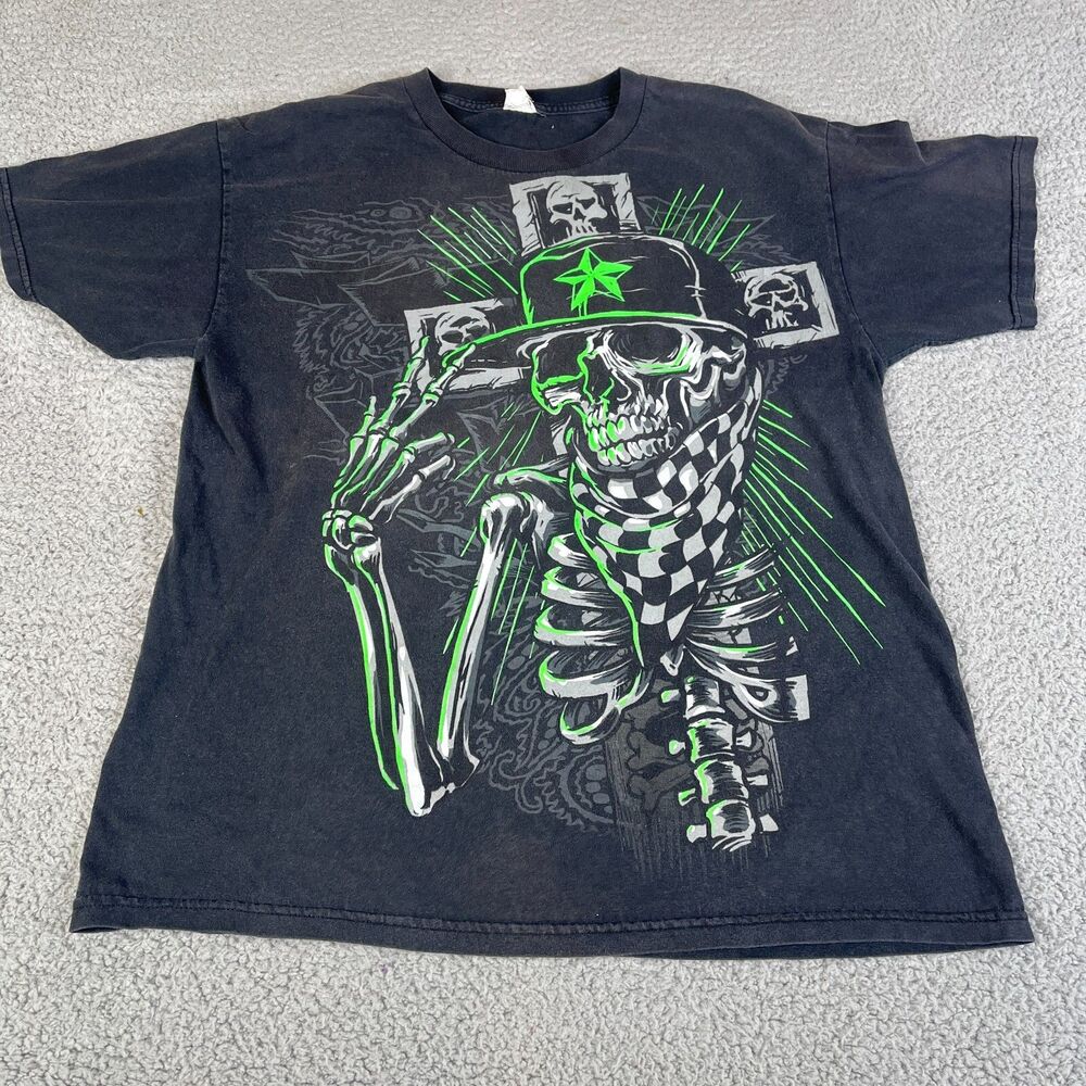 SKULL SKELETON Skate X Games T Shirt Mens Large Black Green Short Sleeve Tee Y2K